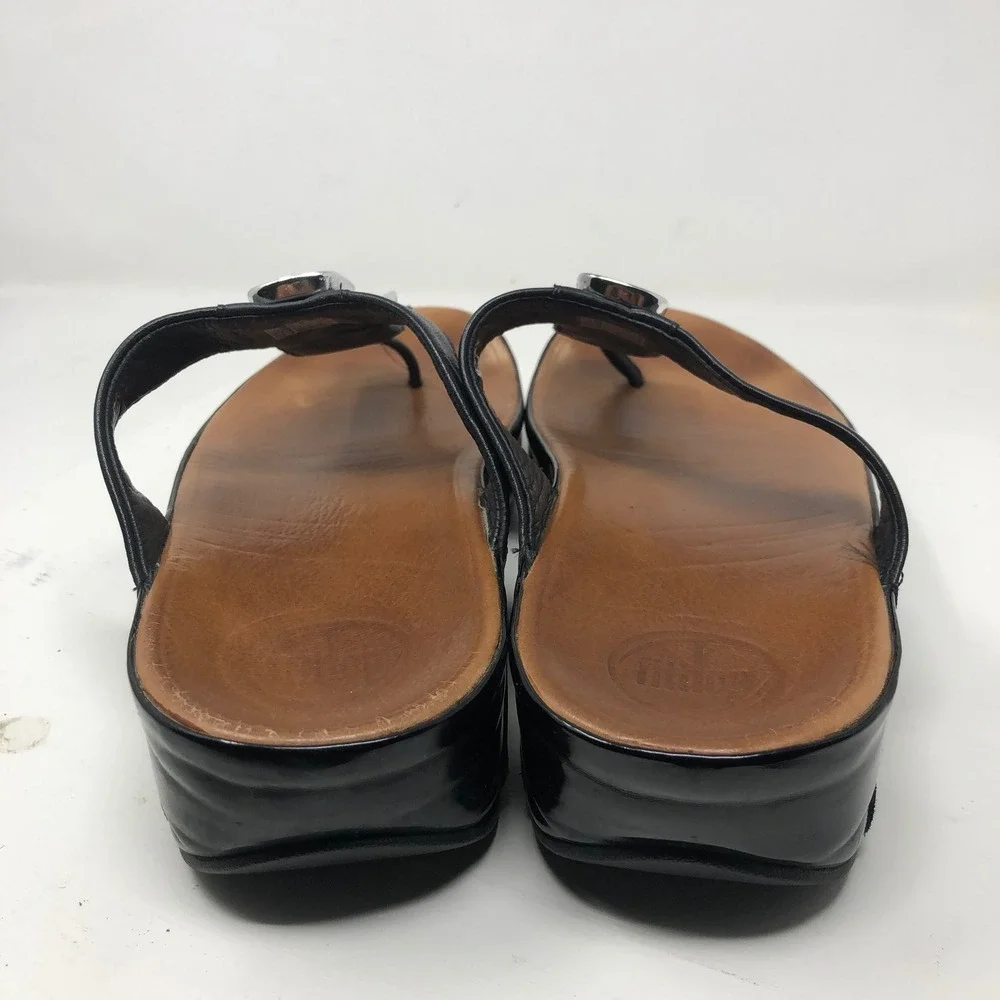 FitFlop Sandals 8 Black Tan Leather Enamel Stone Microwobbleboard Summer Casual